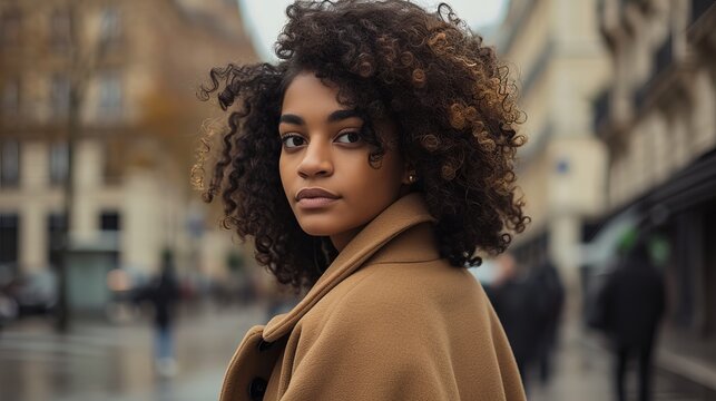 Generative AI image of Copy space banner of a potrait of a stylish beautiful French woman. The women have curly hair. The woman is wearing a coat. The woman is walking on the city of paris.
