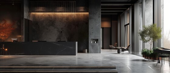 Minimalist studio dominated by a slate black abstract theme, with a focus on monochrome marble patterns and minimalist basalt elements. - obrazy, fototapety, plakaty