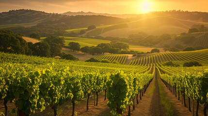 Sunset Stroll through Lush Vineyard - Green Grapevines and Rolling Hills in Wine Country Landscape for Agriculture and Viticulture Themes