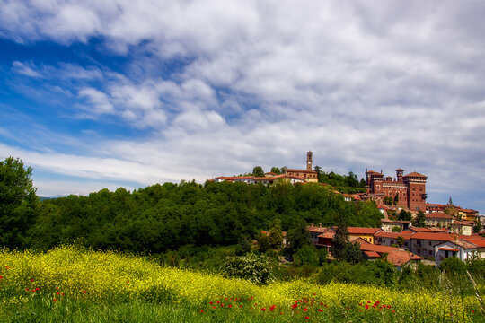 Fields in front of a Hilltop village, Cereseto Monferrato, Alessandria, Piedmont, Italy