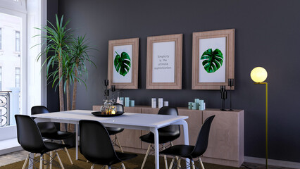 Elegant dining room 3d render design with three frame mockup - obrazy, fototapety, plakaty