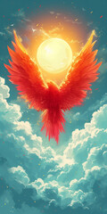 A bird in flight with a flame-like tail, symbolizing freedom, peace, and spirituality under a bright sunset sky.