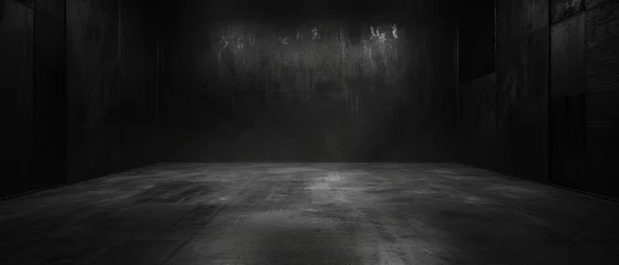 Fotobehang Studio cloaked in darkness, where the boundaries between walls and floor are indiscernible, creating a surreal, infinite black canvas. © Bilas AI