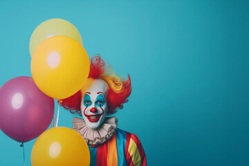 Vivid Festive Charm: A Colorful Clown Graced with a Brightly Painted Face and Radiant Hair, Surrounded by Whimsical Balloons, Set Against a Playful Blue Background