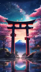 Fototapeten Colorful Vibrant Anime Torii Gate Japanese Landscape with Sakura and Galactic Sky Vertical Background © Nouzen
