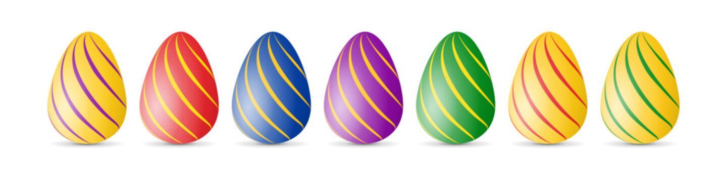 Set of colourful painted Easter eggs decorated with cross stripes. Vector design, 3D style, transparent background, illustration.