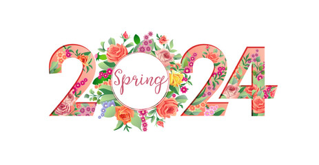 Floral number 2024. Spring concept. Creative set of 2, 0 and 4 with vintage flowers and leaves. Beautiful wreath with roses. Isolated symbol with clipping mask. Sale or special offer banner. Web icon.