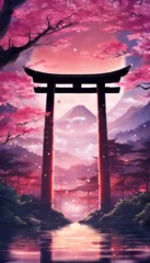 Foto op Plexiglas Colorful Vibrant Anime Torii Gate Japanese Landscape with Sakura and Galactic Sky Vertical Background © Nouzen