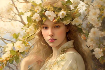 Beautiful blonde-haired girl, queen of Spring in flower wreath. Forest fairy among blossoming trees. Portrait of young woman with penetrating gazea penetrating gaze
