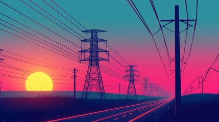 lat illustration of High voltage power lines at sunset. Energy supply. Metal frame poles support wires. - obrazy, fototapety, plakaty