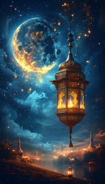 Glowing lantern amidst a starry night with, evoking a magical, serene atmosphere
