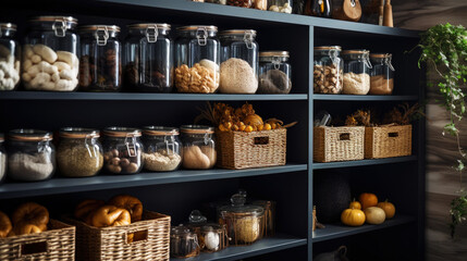 Organization of food storage. Cozy pantry with glass jars and wicker baskets. Dark colour palette. Generative AI