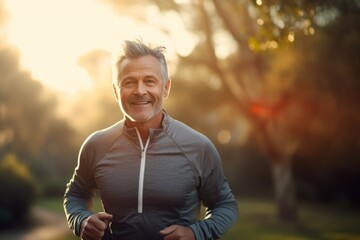 Portrait of smiling senior man jogging in the park at sunrise