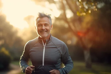Fotobehang Portrait of smiling senior man jogging in the park at sunrise © Nerea