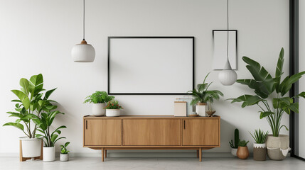 Minimalist Home Decor with Wooden Sideboard and Blank Canvas - Simple and Stylish Interior Design with Potted Plants