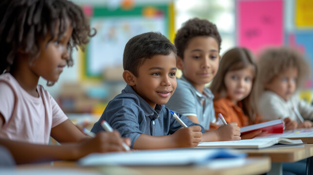 Multicultural group of kids sit at tables with books and study at primary school. Education, knowledge, development or studying.