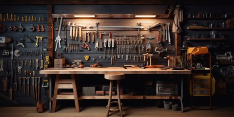 work bench with tools on the wall.