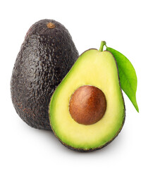 Isolated avocados. Whole and cut in half of black avocado fruits isolated on white background with clipping path