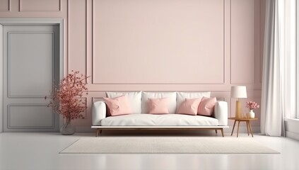 Soft and serene wall mockup with a white sofa and pastel pillows. Made with generative AI technology