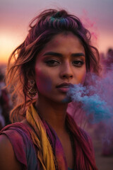 beautiful young woman for Holi festival with colourful smoke