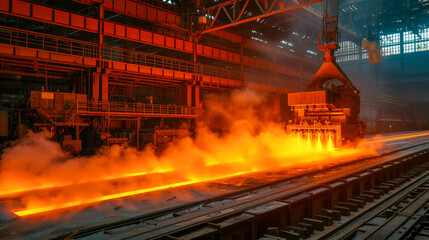 A fiery stream of liquid steel flows in a factory setting, exemplifying industrial steel production