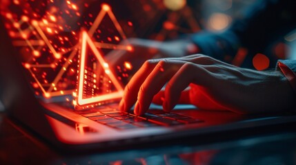 Executive fingers clicking on computer with triangular malicious alert symbol. Malware fraud phishing digital felony idea. Password hijacking.