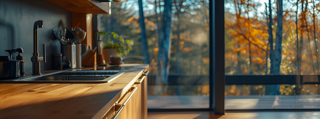close up kitchen interior with windows to the forest in autumn, Generative AI