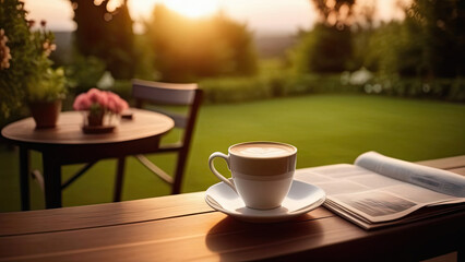 A cup of cappuccino and a newspaper on a garden table on a sunny summer evening