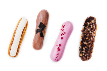 different types of French eclairs on a white background