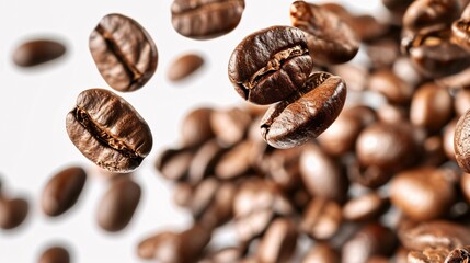 Close-up view of isolated coffee beans on a white background.