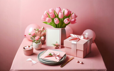 Mother's Day concept. Top view photo of heart shaped plate fork knife stylish gift boxes with ribbon bows and tulips