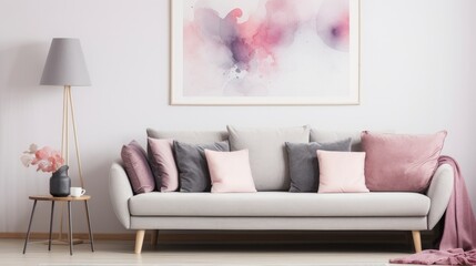 Grey sofa with pink pillows and blanket against white wall with abstract art poster. Interior...