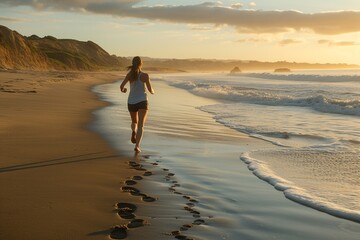 An early morning run by a mature woman on a pristine beach demonstrates her commitment to fitness...