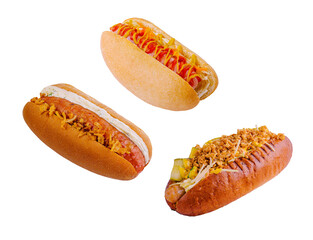 Delicious hot dogs with mustard and ketchup on white background