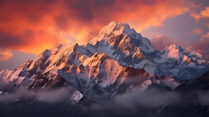 Panoramic view of the snowy peaks of the Himalayas at sunset