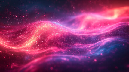 Glowing waves with sparkling particles against a dark backdrop.
