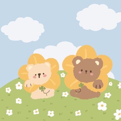Two cute teddy bear sitting on the meadow.