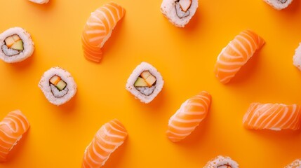 Obraz na płótnie Canvas Colorful Sushi Display on Vibrant Yellow Background
