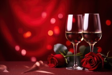 A Valentine's Day background red roses and wine at red backdrop with copyspace.Valentine's day card,march 8 card,birhtday card concept