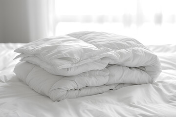 Fototapeta na wymiar White folded duvet lying on white bed background 