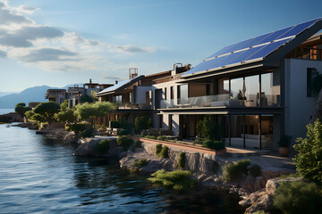 Fototapeta na wymiar Modern house with solar panels on the roof, Lake Garda, Italy