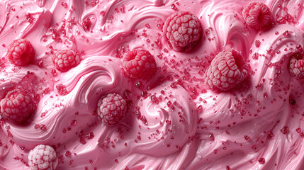 Pink icing swirls, red berries, and sugar crystals adorn a delicious dessert