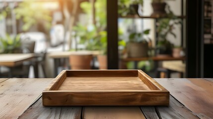 Empty wooden tray on perspective wooden table on top over blur background view from the coffee shop window. Can be used mock up for montage products display or design layout - obrazy, fototapety, plakaty