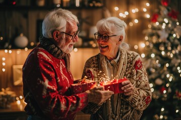 Obraz na płótnie Canvas Joyful Christmas Tradition: Senior Couple Sharing Gifts in Cozy Home Setting