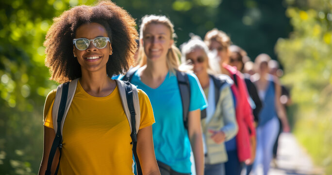 A group of people, athletes and members of the public, who voluntarily participated in the charity march. Group of people walking in sports, walking and jogging clothes.