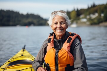 senior woman in life jacket kayaking on lake at summer day