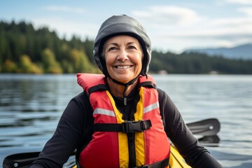 Portrait of a happy senior woman kayaking on a lake.