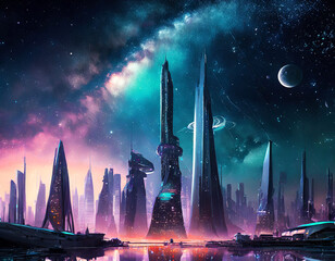Illustration of Amazing Futuristic Cosmopolis at Night