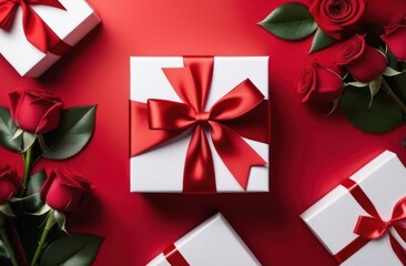 Romantic and festive background flatlay red roses and white gift boxes with bow at red background .