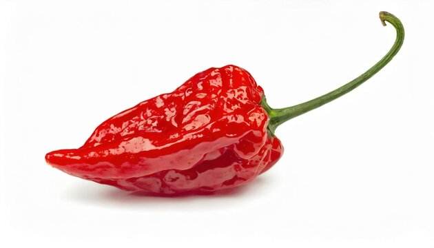 Ripe red hot carolina reaper chili pepper isolated on white background. Healthy food photography concept.
